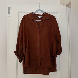 Brown linen blend button up shirt